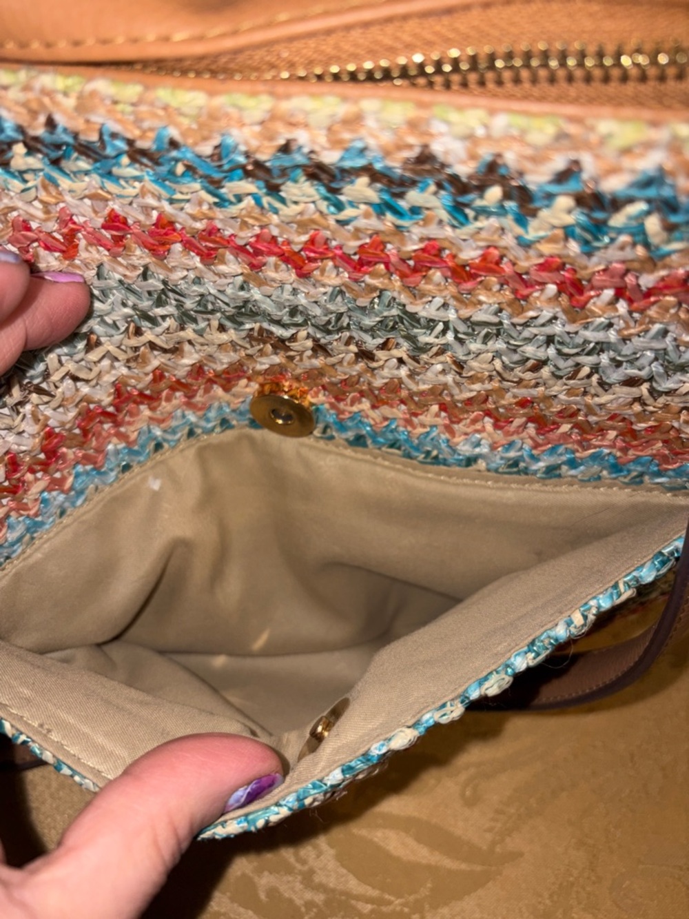 Rosetti Multicolor Crochet Tote with Tan Trim - Picture 7 of 12